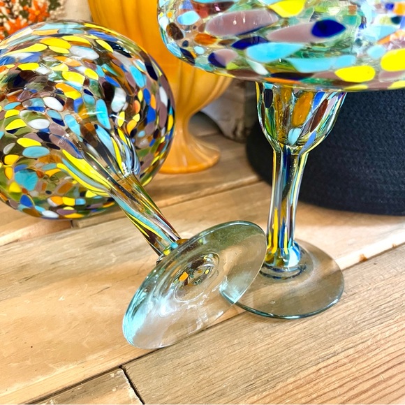 Vintage Hand Blown Confetti Margarita Glasses Set of 2 Hand Crafted 12oz - Picture 6 of 7